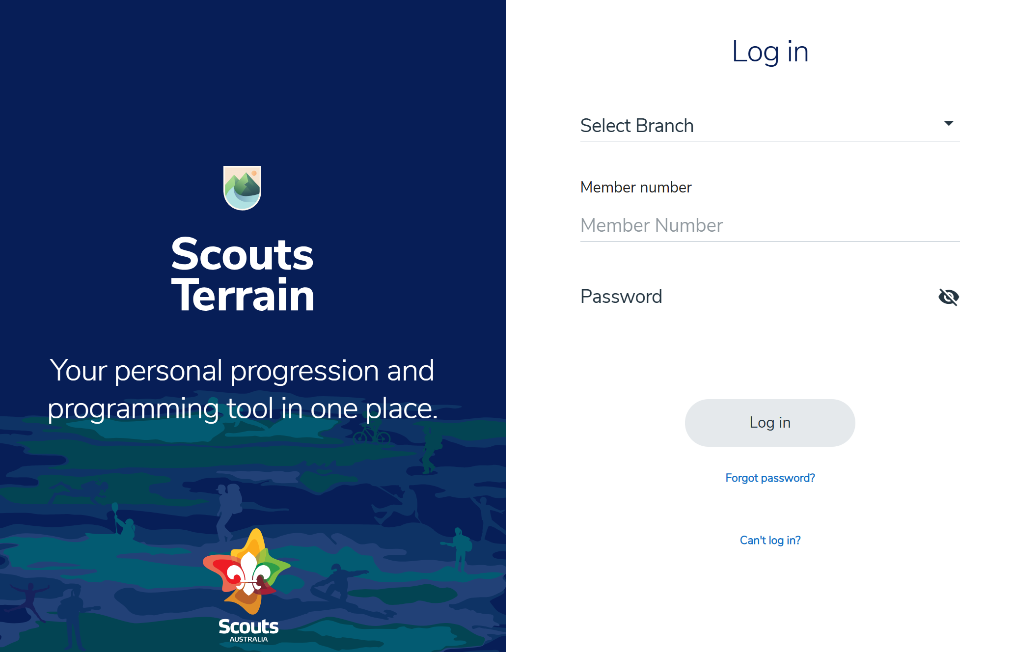Terrain login screen showing Branch, Member number and Password fields